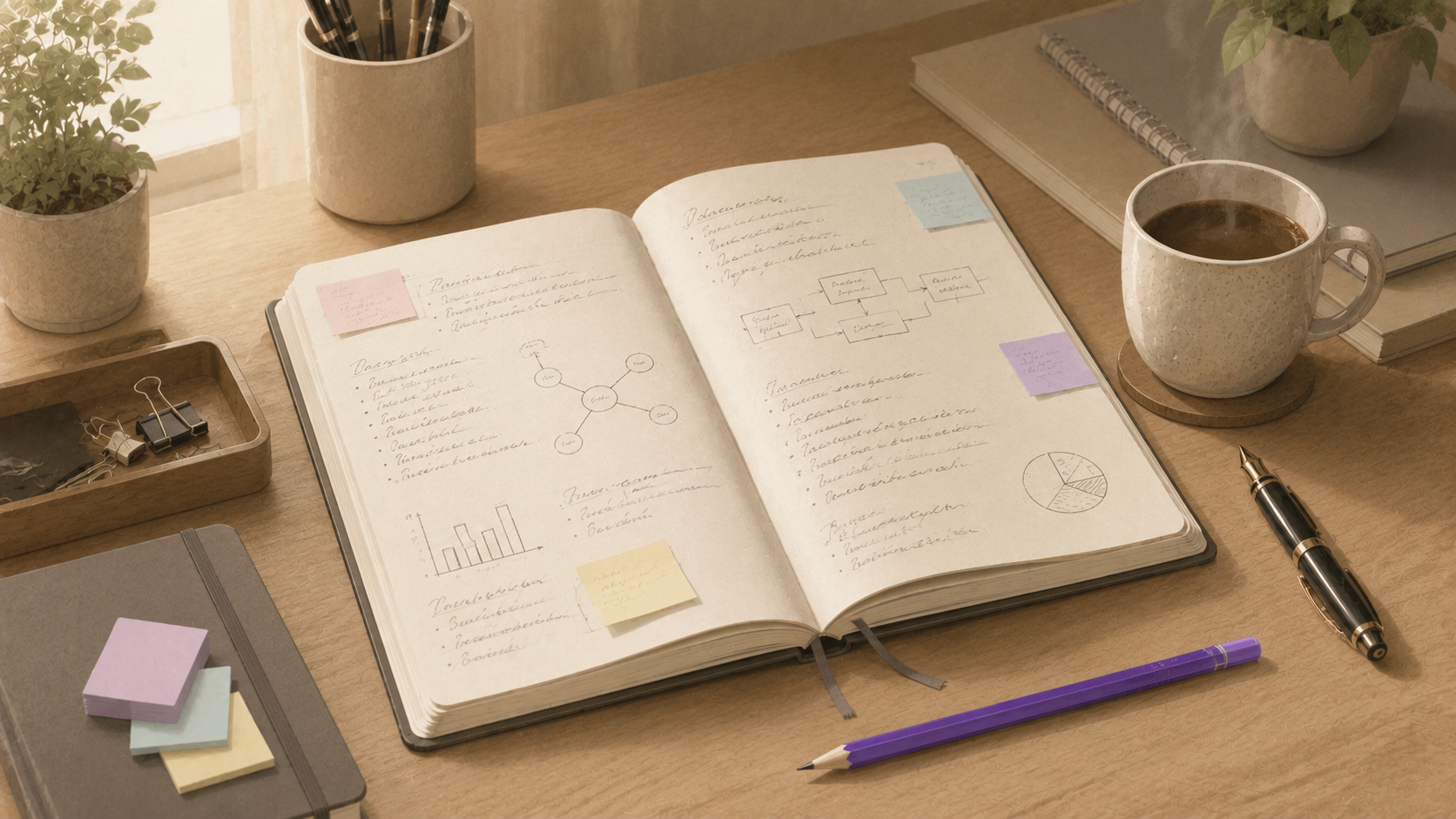 Cuaderno abierto con anotaciones representando el PromptBook como espacio de trabajo sistemático