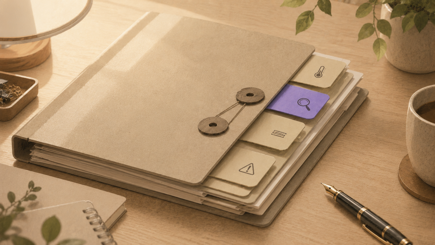 Carpeta de Fundamentos con pestañas ilustradas para tokens, contexto, temperatura y ventana de contexto