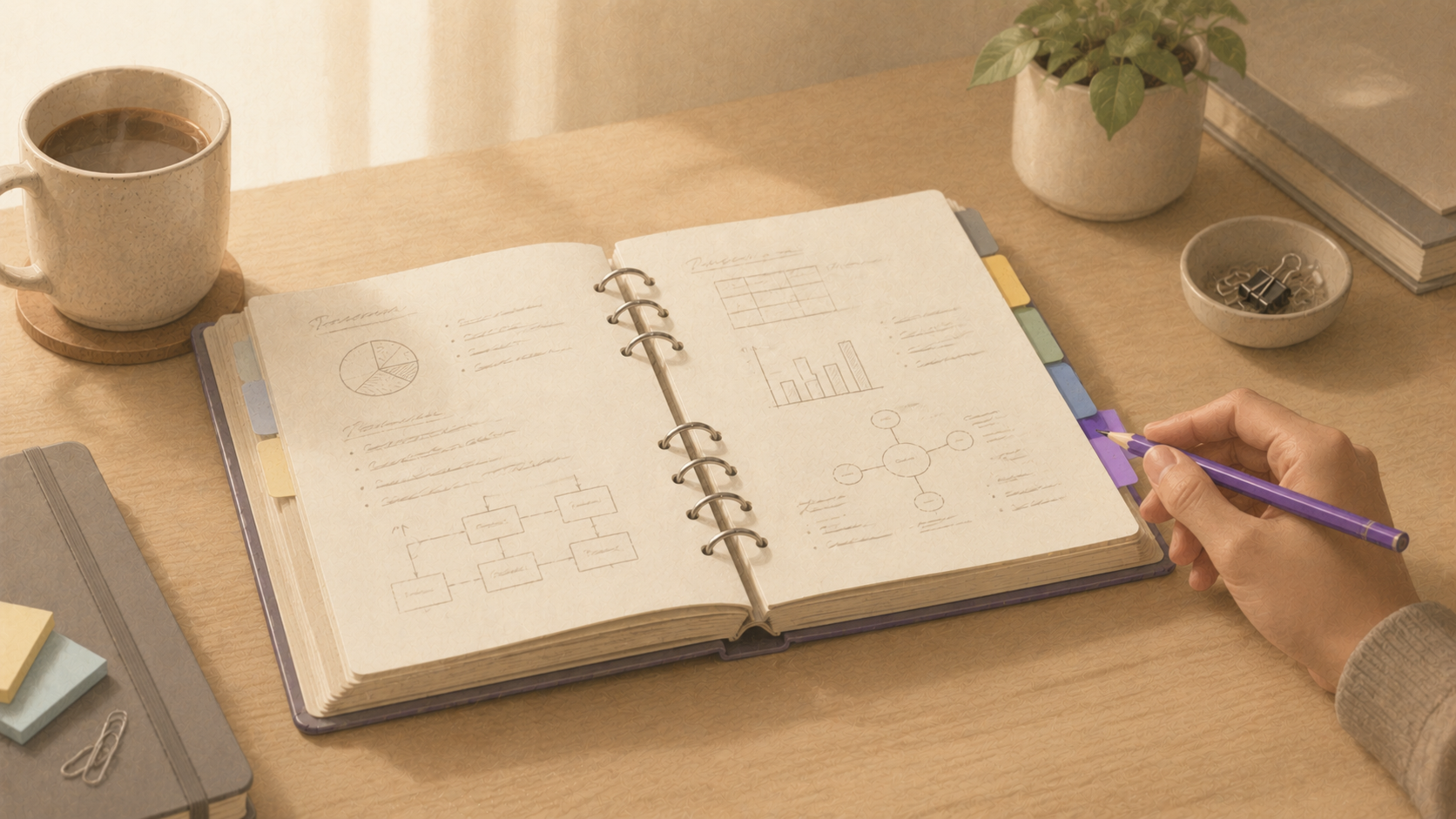 Cuaderno de anillas con secciones representando los principios documentados del sistema