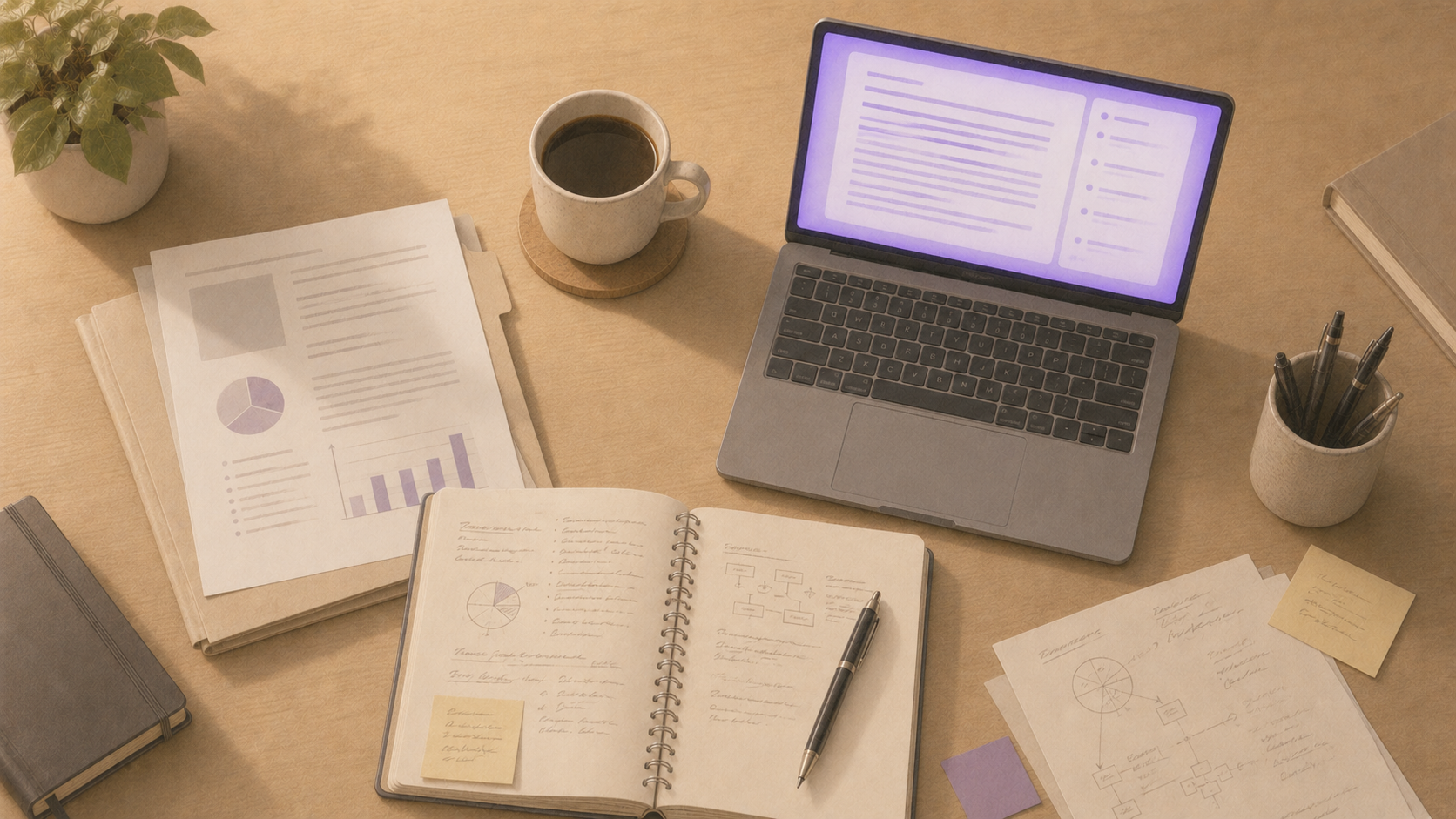Escritorio combinando documentos impresos, anotaciones manuscritas y texto generado por IA