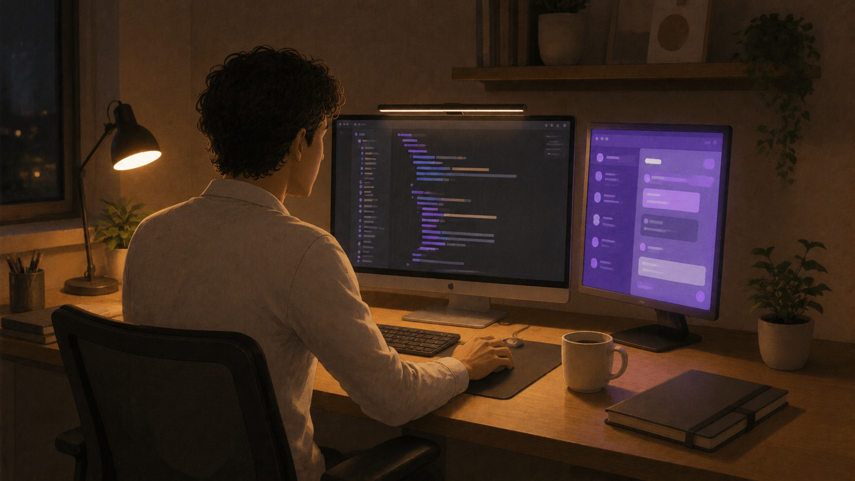 Escritorio de desarrollo con editor, consola y panel de IA revisando cambios
