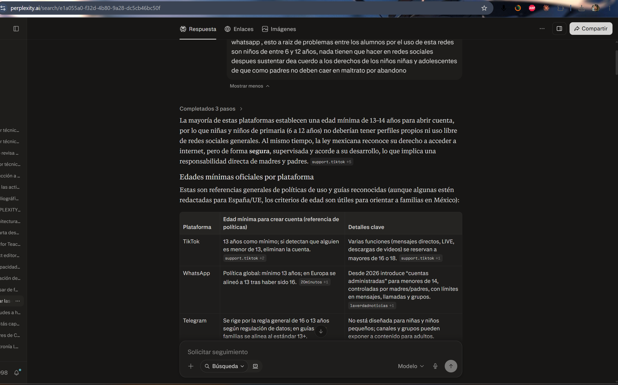 Resultados de búsqueda en Perplexity sobre documentación técnica