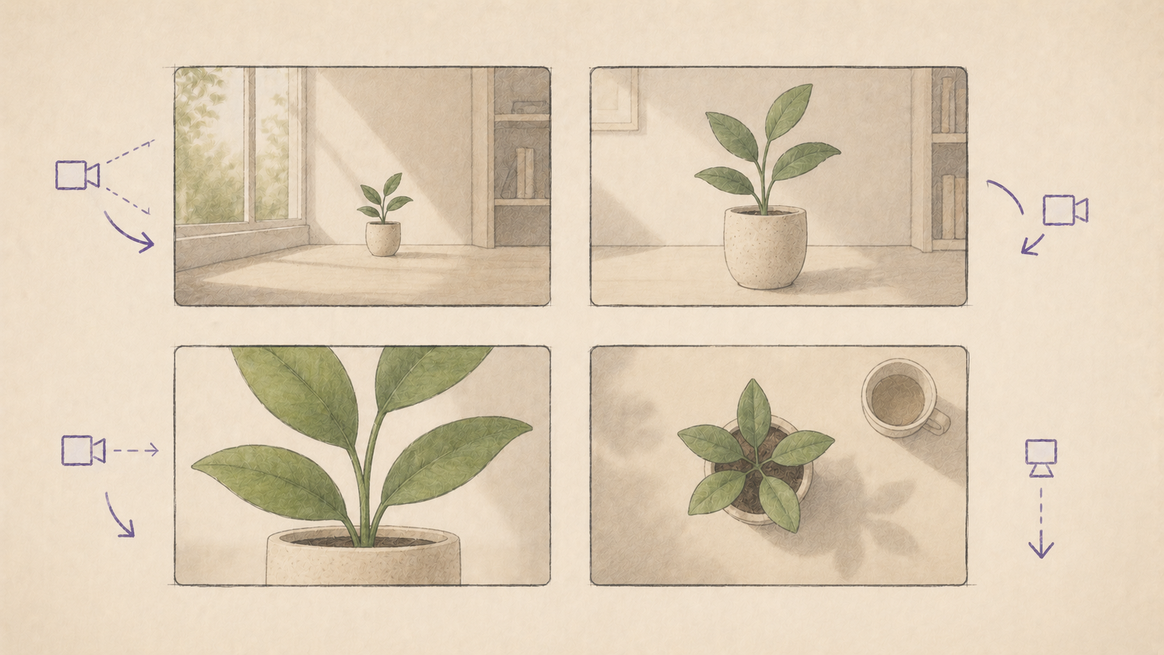Storyboard con cuatro viñetas de un video educativo