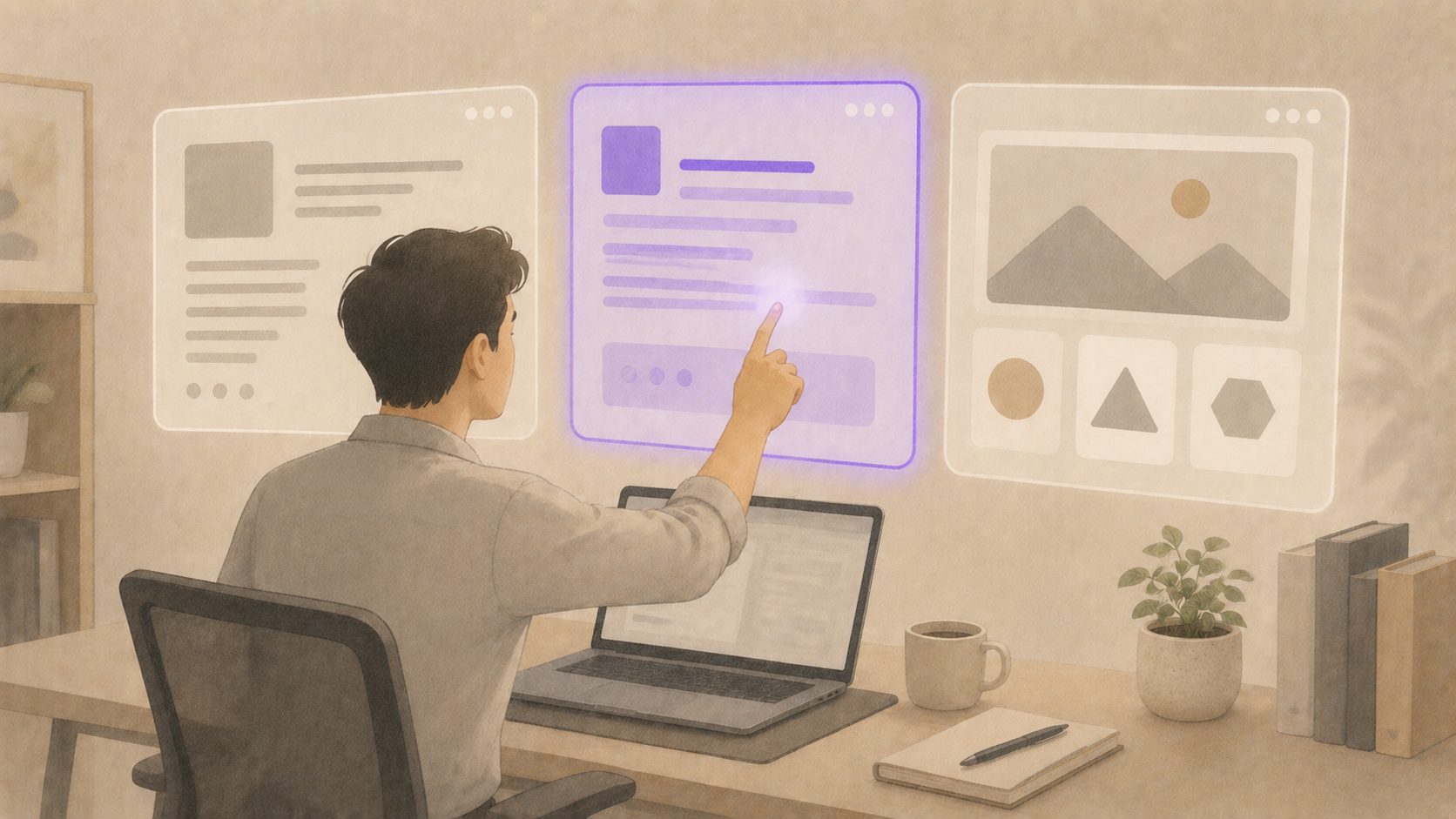 Persona seleccionando entre paneles de IA de texto, código e imágenes