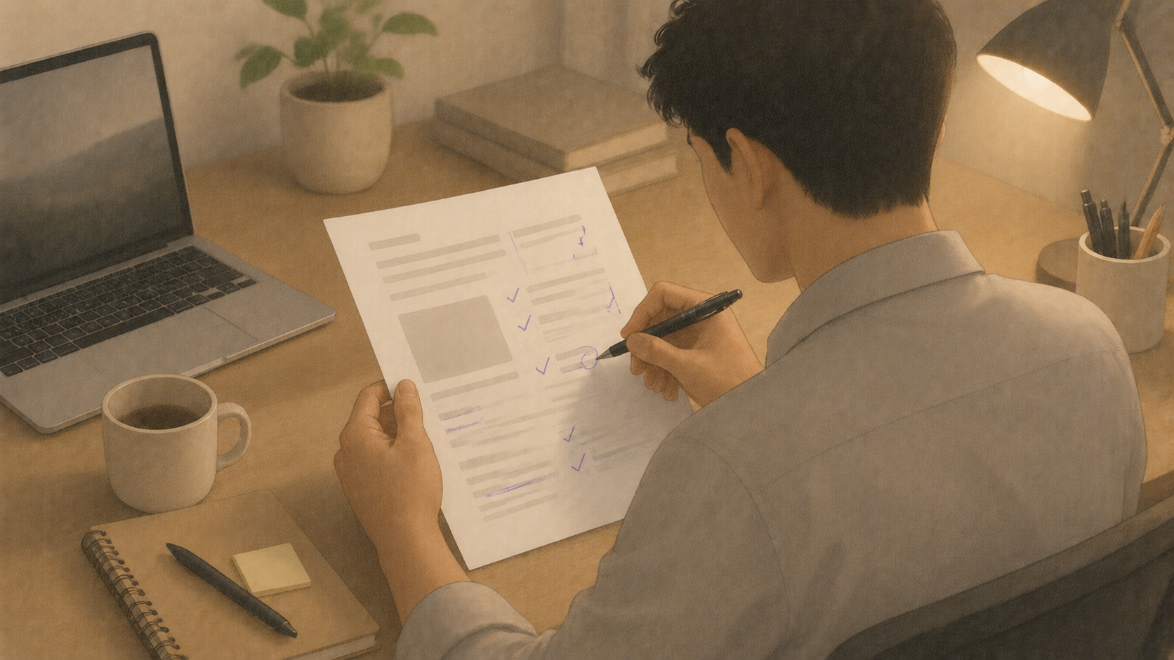 Persona revisando un informe con notas manuscritas de verificación