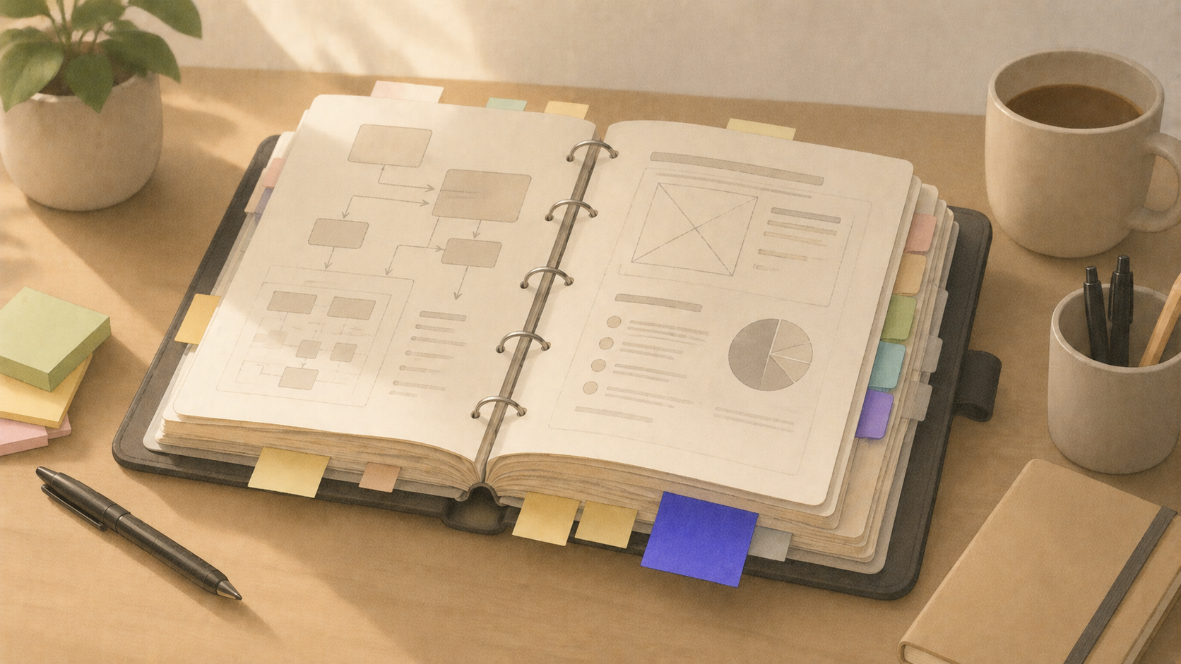 PromptBook abierto como cuaderno técnico con secciones y notas de mejora