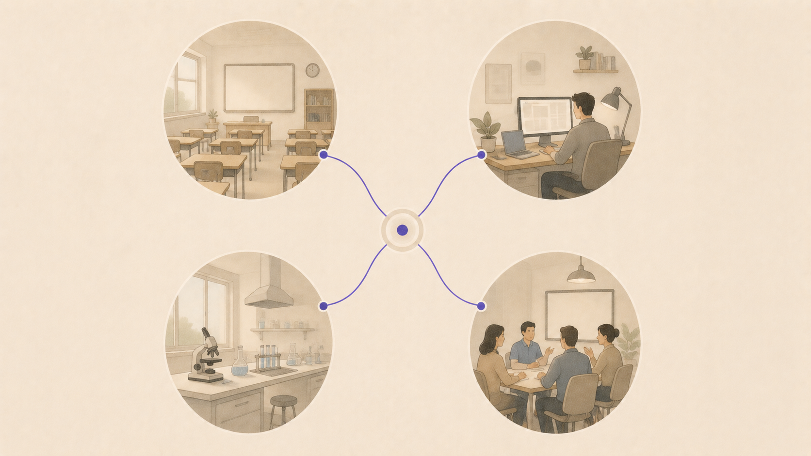 Escenas de aula, oficina, laboratorio y sala de reuniones conectadas por el PromptBook
